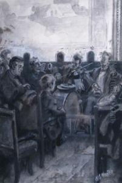 A Band Practicing With A Boy On Bass Drum Oil Painting by John William, Will Vawter