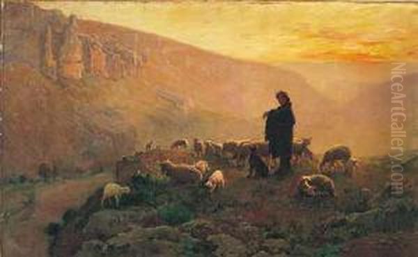 Paisaje De Montana Con Pastor Y Su Rebano Al Atardecer Oil Painting by Paul Vayson