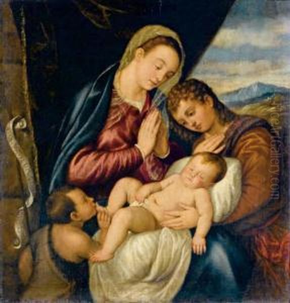 Madonna Col Bambino, San Giovannino E Un Angelo Oil Painting by Francesco Vecellio