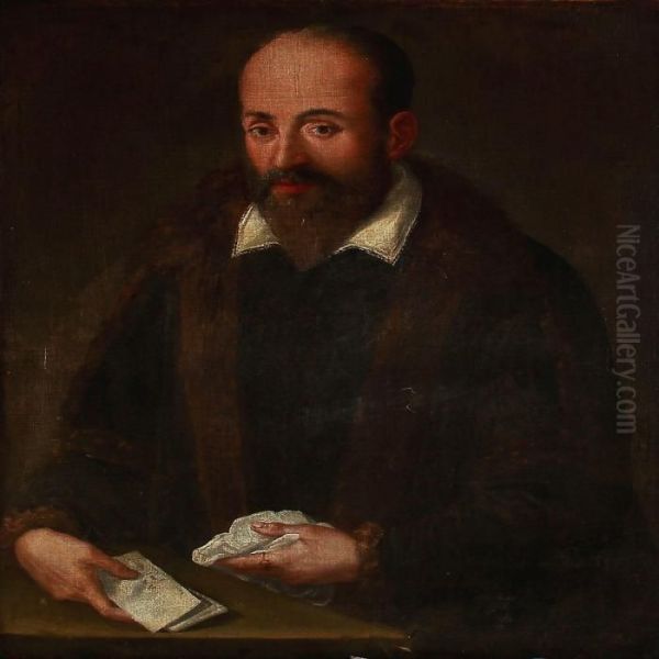 A Bearded Man Holding A Document And A Handkerchief Oil Painting by Tiziano Vecellio (Titian)