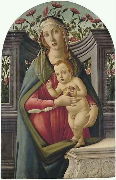 The Madonna and Child, with a pomegranate, in an alcove with roses behind Oil Painting by Sandro Botticelli