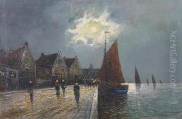 Moonlit Harbour Scene At Dunkerque Oil Painting by Peter Veerkamp