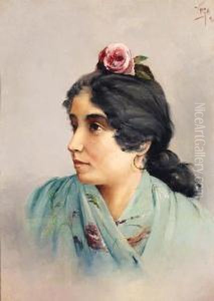 Portrait Of A Girl, Bust-length, In A Green Wrap Oil Painting by Pedro Vega Y Munoz