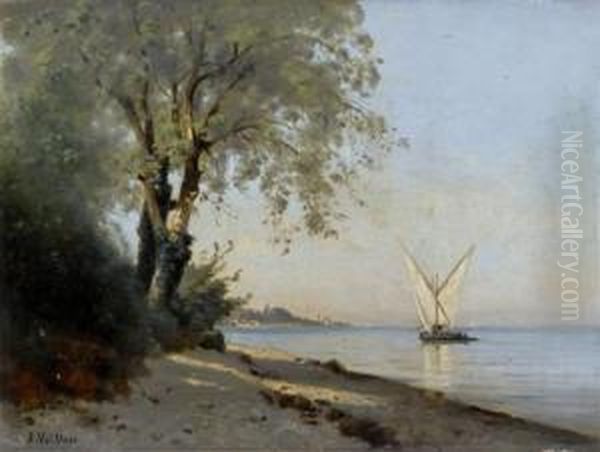 Sailing Boat On The Lake Of Geneva Oil Painting by Auguste Louis Veillon