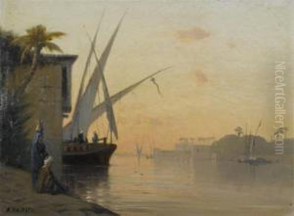 View Of The Nile And Cairo In Thebackground. Oil Painting by Auguste Louis Veillon