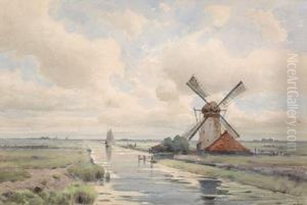 Dutch Landscape With A Mill Oil Painting by Auguste Louis Veillon