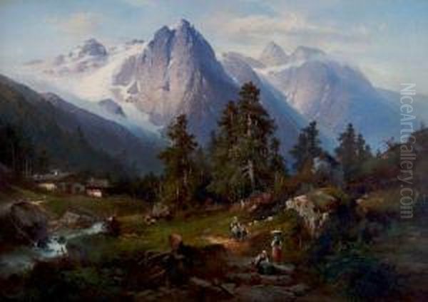 Alpine Landscape With Figures Oil Painting by Hugo Veit