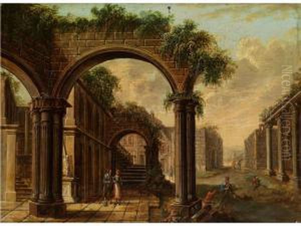 In Antiken Ruinen Eingebettete, Modernere Stadt Oil Painting by Johann Philipp Veith