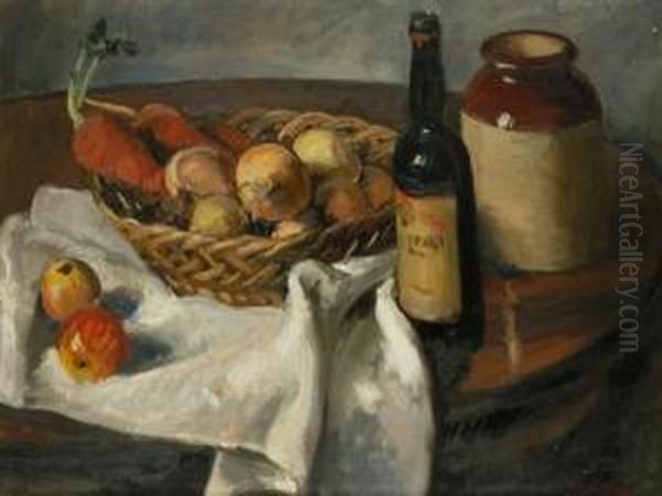 A Still Life With Onions And A Bottle Oil Painting by Rudolf Vejrych