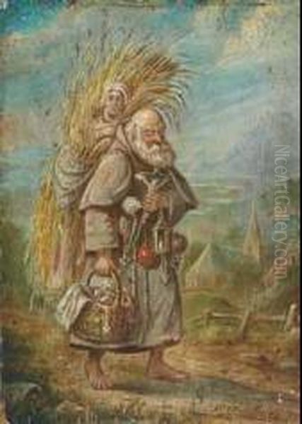 St. Christopher Carrying A Child In A Landscape Oil Painting by Willem Frederik Veldhuijzen