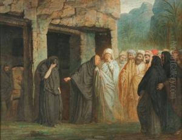 Oriental Landscapewith Priests And Some Crying Women Near A Stone Building Oil Painting by Johannes Hendrik Veldhuyzen