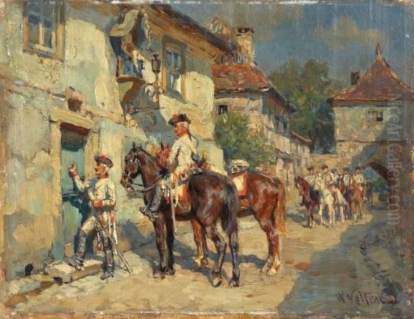 Kavalleristen Auf Einer Dorfstrasse Oil Painting by Wilhelm Velten