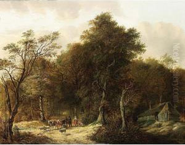 Travellers With Their Herd On A Path In A Forest Oil Painting by Johan Diderik Corn. Veltens