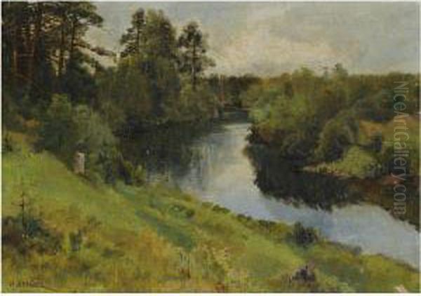 River Landscape Oil Painting by Ivan Avgustovich Vel'ts