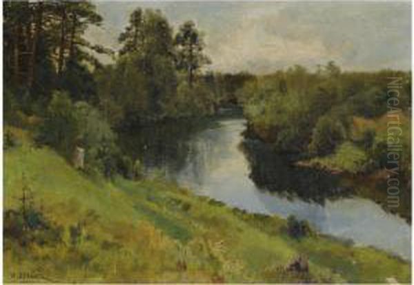 River Landscape Oil Painting by Ivan Avgustovich Vel'ts