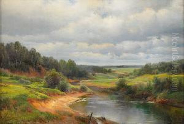 A River Landscape Oil Painting by Ivan Avgustovich Vel'ts