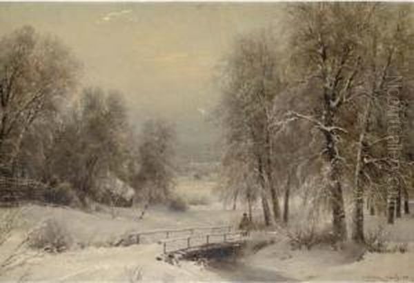 A Winter Landscape With A Figure Crossing A Bridge Oil Painting by Ivan Avgustovich Vel'ts