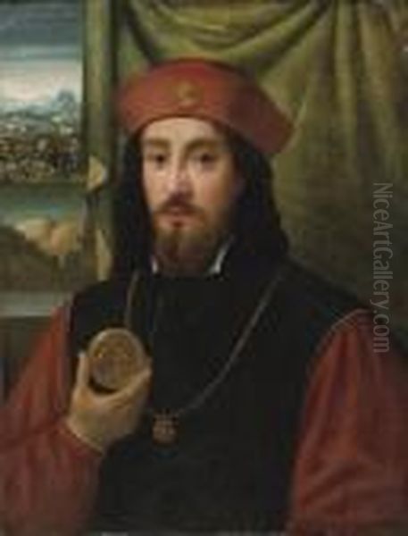 Portrait Of A Man Holding A Medal Oil Painting by Bartolomeo Veneto