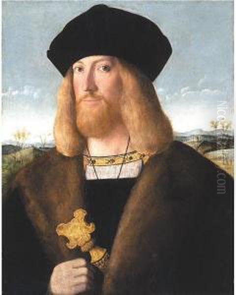 Portrait Of A Bearded Gentleman, Half Length, Wearing A Hat And Fur-lined Coat And Holding A Dagger, A Landscape Beyond Oil Painting by Bartolomeo Veneto