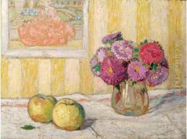 Nature Morte Au Vase De Fleurs Et Aux Pommes Oil Painting by Ernest Ventrillon