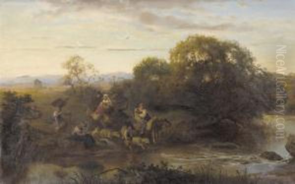 Reisegesellschaft Mit Schafen Bei Einer Furt Oil Painting by Albert Franz Venus