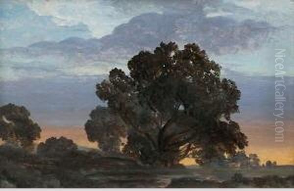 Abendstimmung In Baumbestandener Landschaft Oil Painting by Albert Franz Venus