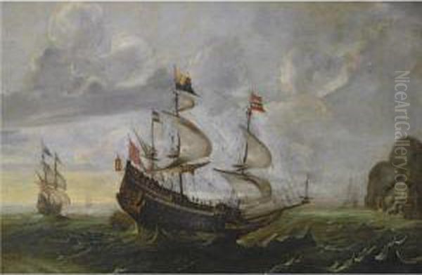 A Man-of-war And Other Shipping In Choppy Seas Along A Rockycoast Oil Painting by Cornelis Verbeeck