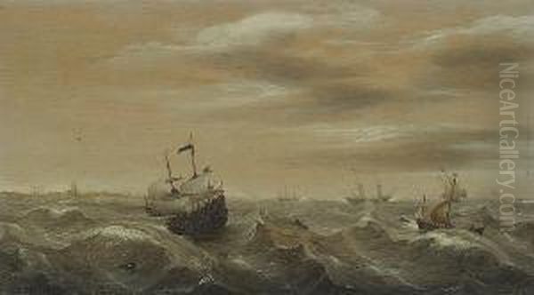 Dutch Shipping Offshore In Rough Seas Oil Painting by Cornelis Verbeeck