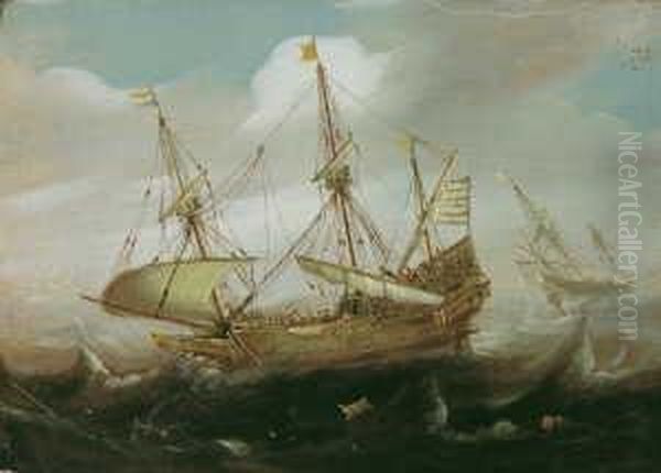 Schiffe Auf Bewegter See. Im Vordergrund Ein Seeungeheuer. Oil Painting by Cornelis Verbeeck