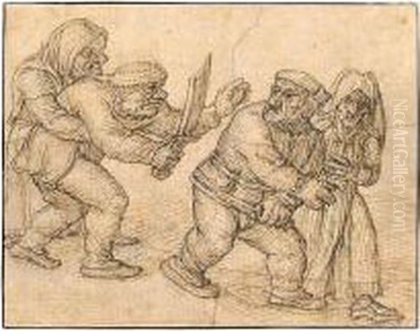 Two Peasants Fighting, Their Wives Trying To Restrain Them. Oil Painting by Jan Verbeeck