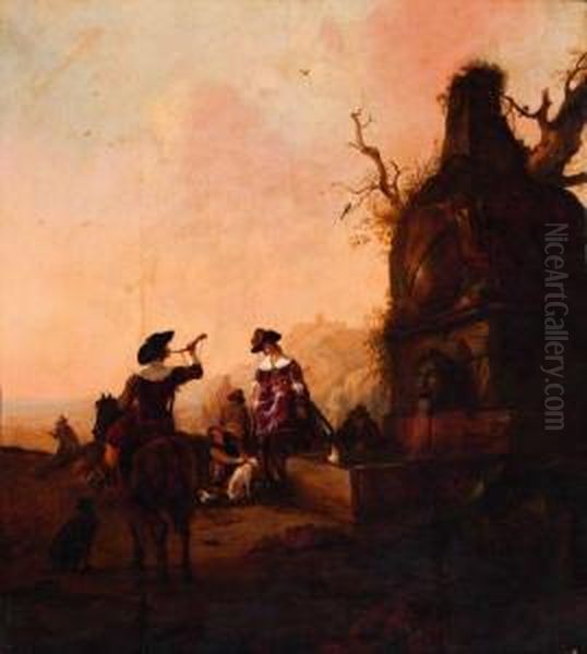 Hunting Party By A Fountain Oil Painting by Pieter Cornelisz. Verbeeck