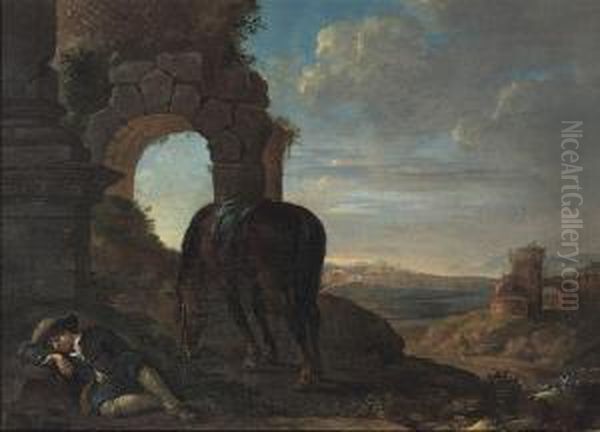 A Young Man Sleeping In An Italianate Landscape, His Horse Standingnearby Oil Painting by Pieter Cornelisz. Verbeeck