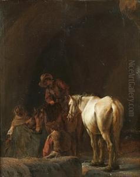 Figures And Horses Resting Inside A Cave Oil Painting by Pieter Cornelisz. Verbeeck