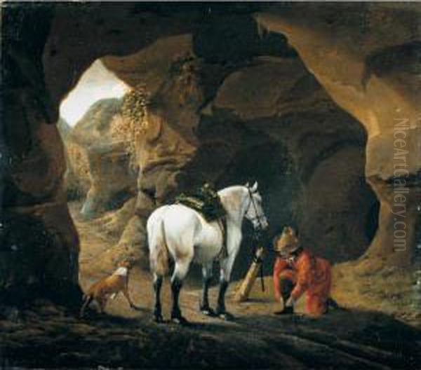 A Man Doing Up The Lace Of His Shoe, With A Grey Horse And Dog At The Entrance To A Cave Oil Painting by Pieter Cornelisz. Verbeeck