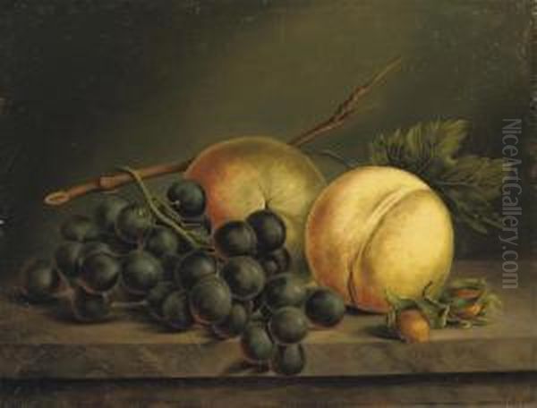 Peaches And Grapes On A Marble Ledge Oil Painting by Willem Verbeet