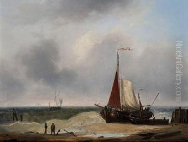 Navires Sur Une Plage Oil Painting by Louis Eugene Verbockoeven