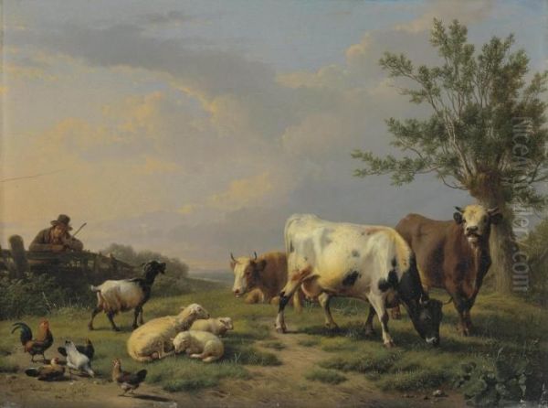 A Farmer With Three Cows, Three Sheep, One Goat And Five Chickens In A Landscape Oil Painting by Eugene Joseph Verboeckhoven