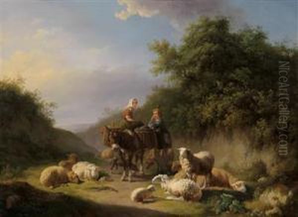 Shepherd And Shepherdess Returning Home Oil Painting by Eugene Joseph Verboeckhoven