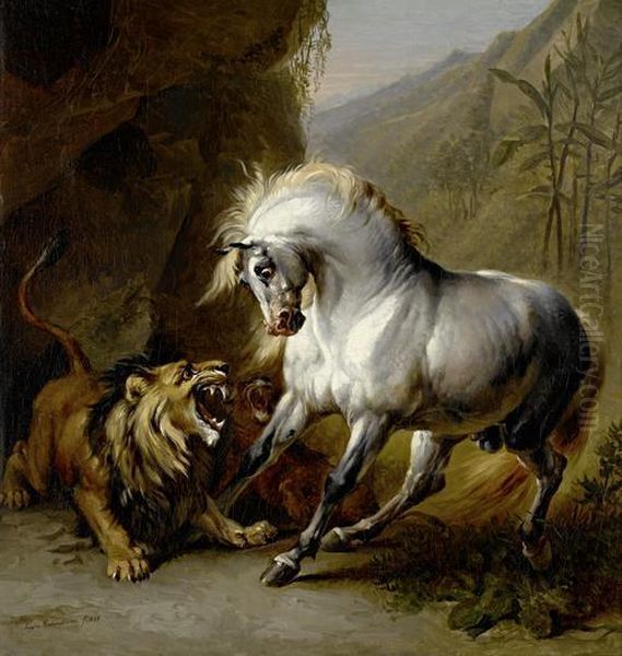 A Horse Attacked By A Lion Oil Painting by Eugene Joseph Verboeckhoven