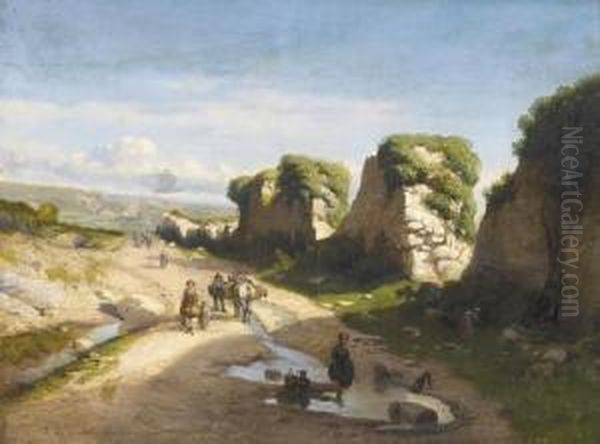 Belebte Landstrasse Mit Ruinenpartie. Oil Painting by Louis Verboeckhoven