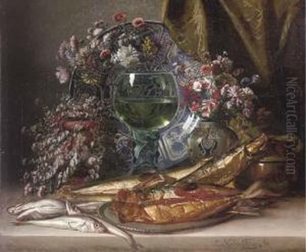 Fish On A Platter, Vases Of Summer Blooms, A Goblet Of Wine Before A Salver And A Drape Oil Painting by Louis Verboeckhoven