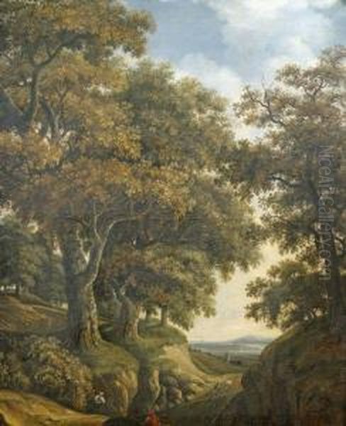 Bewaldete Anhohe Mit Blick In Die Ebene Mit Stadtsilhouette, Im Vordergrund Figurenstaffage Oil Painting by Adriaen Hendricksz. Verboom