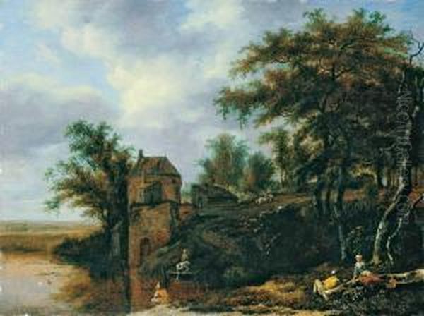 Baumreiche Landschaft Mit Gehoft An Einem Weiher Oil Painting by Adriaen Hendricksz. Verboom