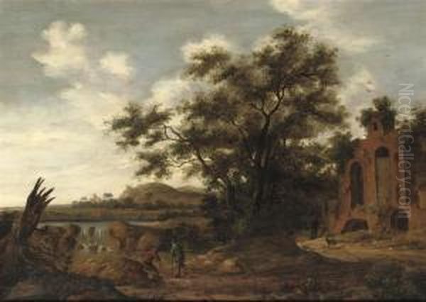 A Wooded River Landscape With Travellers Near Ancient Ruins Oil Painting by Adriaen Hendricksz. Verboom