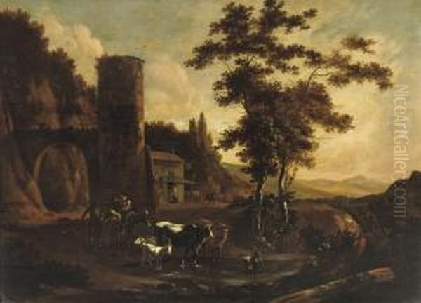 A Wooded Landscape With Peasants And Their Cattle, Goats And Sheepby A Tower Oil Painting by Willem Hendricksz Verboom