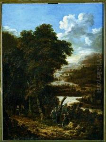 An Extensive Heavily Wooded River Landscape With Travelers Oil Painting by Willem Hendricksz Verboom