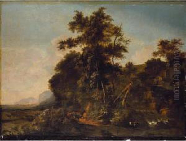 A Herdsman With Cattle In An Extensive Landscape Oil Painting by Willem Hendricksz Verboom