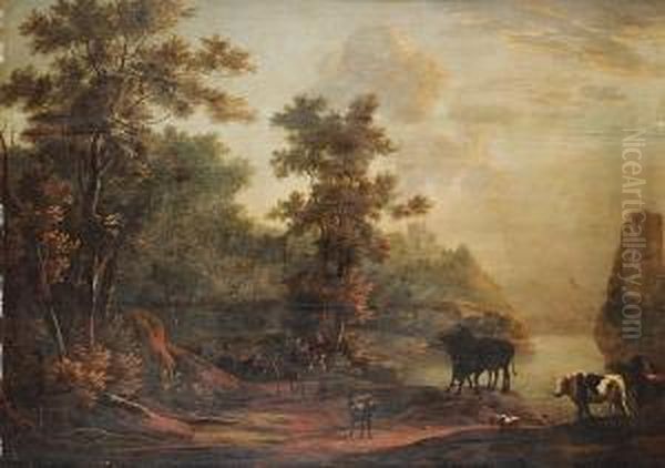 A Wooded Landscape With Travellers On A Path Beside A Lake Oil Painting by Willem Hendricksz Verboom