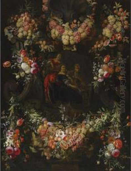 A Garland Of Fruit And Flowers Around A Stone Cartouche Withelegant Figures Making Music Oil Painting by Caspar Pieter I Verbrugghen