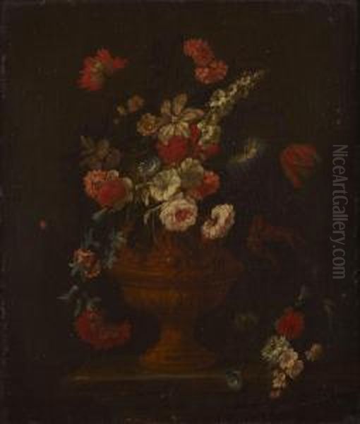 A Still Life Of Assorted Flowers In A Bronze Vase Oil Painting by Caspar Pieter I Verbrugghen